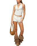 Long Sleeve Edikted Audrie Studded Cowl Neck Halter Top White