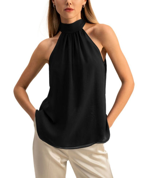 Long Sleeve Lilysilk Georgette Halter Neck Top Black