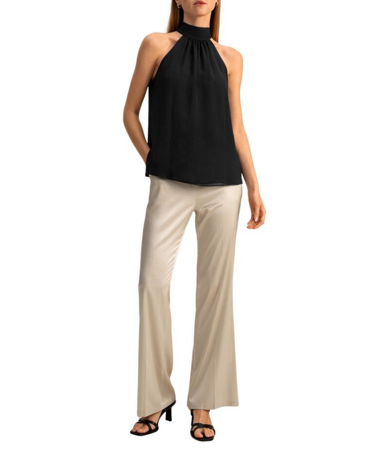 Long Sleeve Lilysilk Georgette Halter Neck Top Black