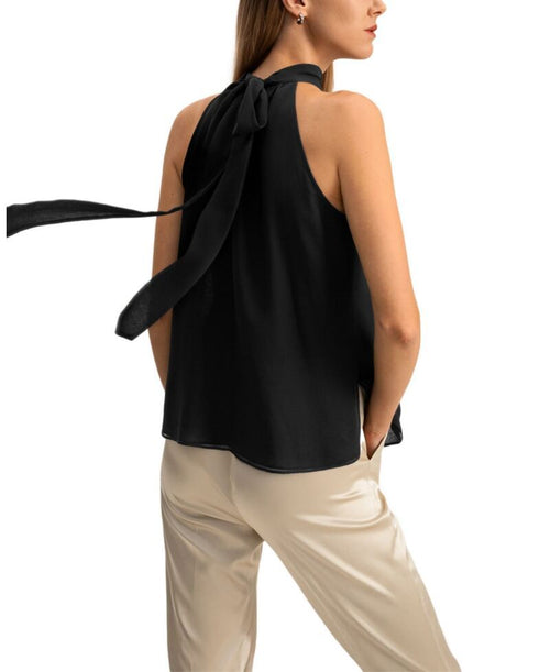Long Sleeve Lilysilk Georgette Halter Neck Top Black