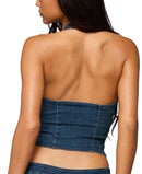 Long Sleeve Edikted Sashe Button Up Denim Halter Top Blue