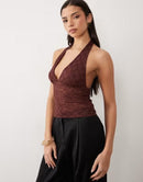 Asos Long Sleeve Design Lace Halter Neck Top In Chocolate