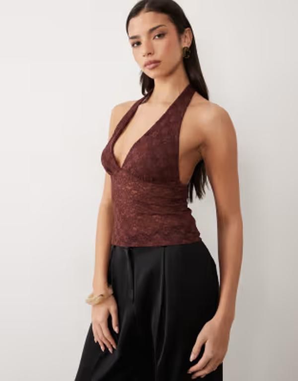 Asos Long Sleeve Design Lace Halter Neck Top In Chocolate