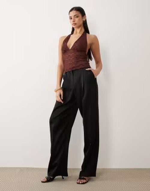 Asos Long Sleeve Design Lace Halter Neck Top In Chocolate