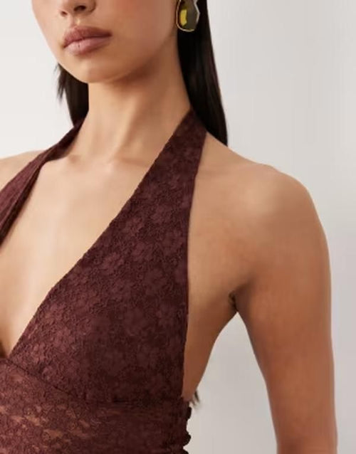 Asos Long Sleeve Design Lace Halter Neck Top In Chocolate