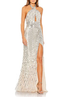 Long Sleeves, Three Quarter Sleeve Mac Duggal Embellished Keyhole Halter Strap