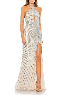 Long Sleeves, Three Quarter Sleeve Mac Duggal Embellished Keyhole Halter Strap