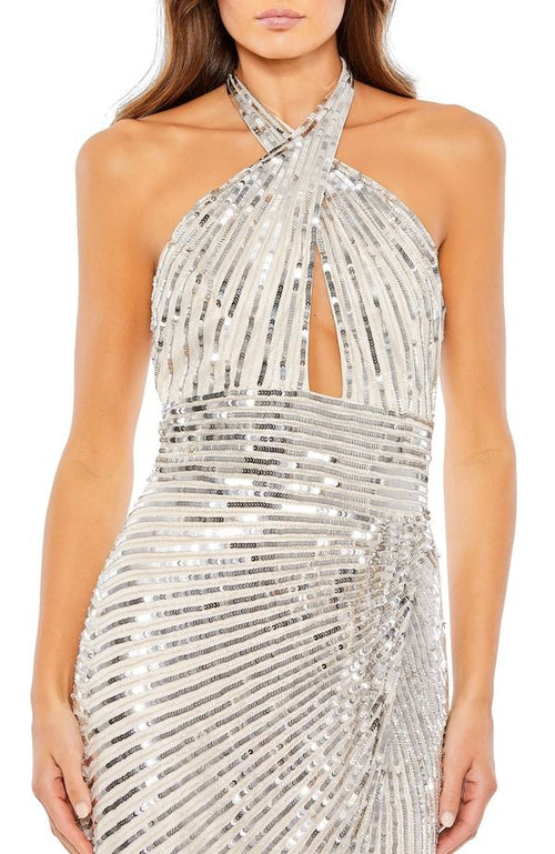 Long Sleeves, Three Quarter Sleeve Mac Duggal Embellished Keyhole Halter Strap