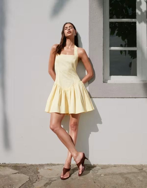 Others Asos Design Halter Mini Dress With Ruffle Hem In Lemo