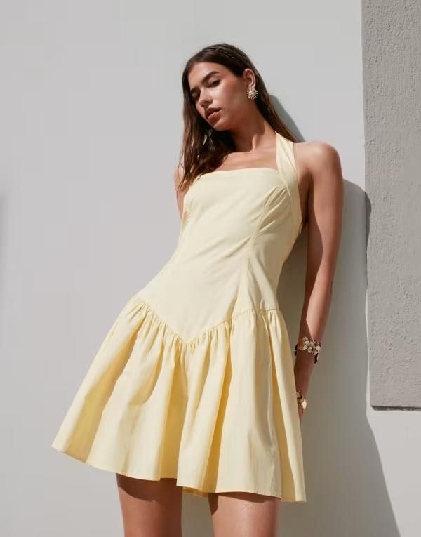 Others Asos Design Halter Mini Dress With Ruffle Hem In Lemo