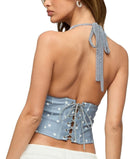 Long Sleeve Edikted Lacey Polka Dot Lace Up Halter Top Gray