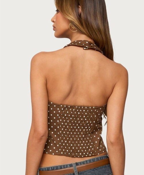 Long Sleeve Womens Twyla Polka Dot Halter Top Brown