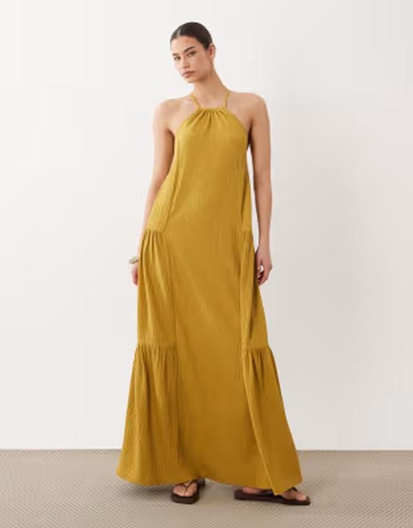 Asos Long Sleeves, Three Quarter Sleeve Design Textured Halter Trapeze Maxi