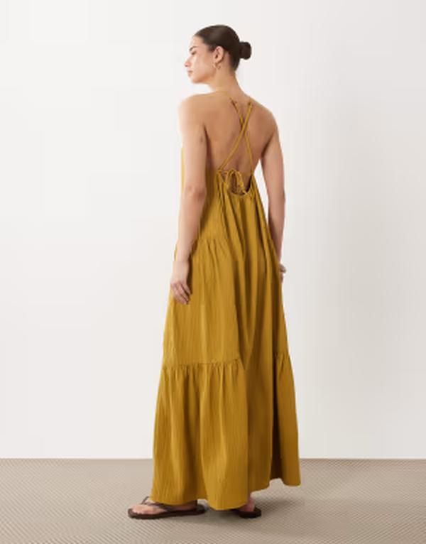 Asos Long Sleeves, Three Quarter Sleeve Design Textured Halter Trapeze Maxi