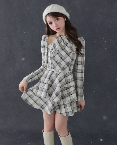 Long Sleeves, Three Quarter Sleeve Halter Check Mini Onepiece