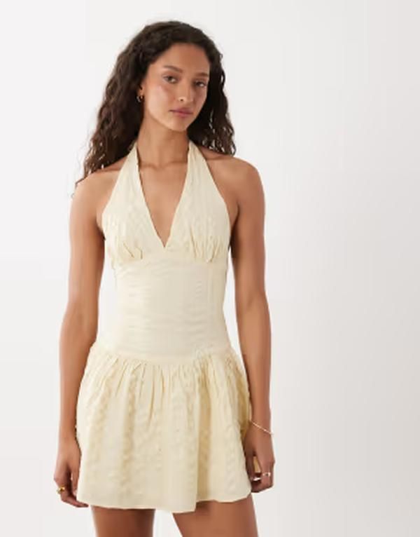 Long Sleeves, Three Quarter Sleeve Cotton Kaity Halter Mini Dress In Vanilla
