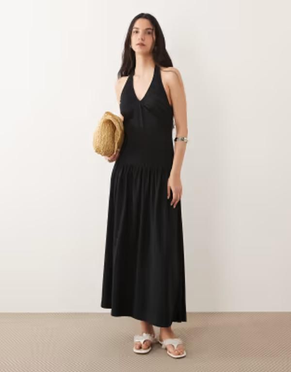 Long Sleeves, Three Quarter Sleeve Asos Design Ruched Halterneck Drop Waist
