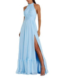 Long Sleeves, Three Quarter Sleeve Mac Duggal High Neck Tiered Chiffon Halter