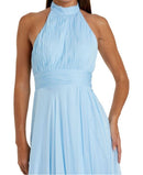 Long Sleeves, Three Quarter Sleeve Mac Duggal High Neck Tiered Chiffon Halter