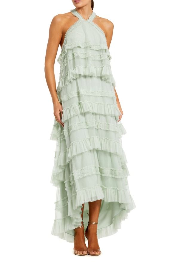 Long Sleeves, Three Quarter Sleeve Mac Duggal Dot Mesh Ruffle Halter Neck Ankle