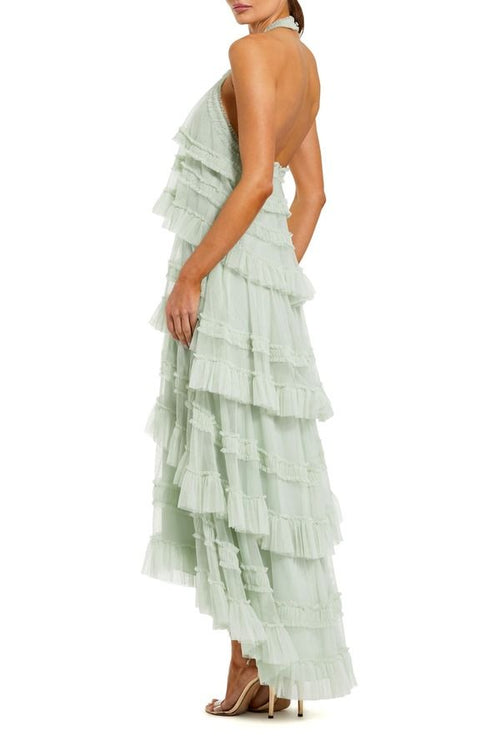 Long Sleeves, Three Quarter Sleeve Mac Duggal Dot Mesh Ruffle Halter Neck Ankle