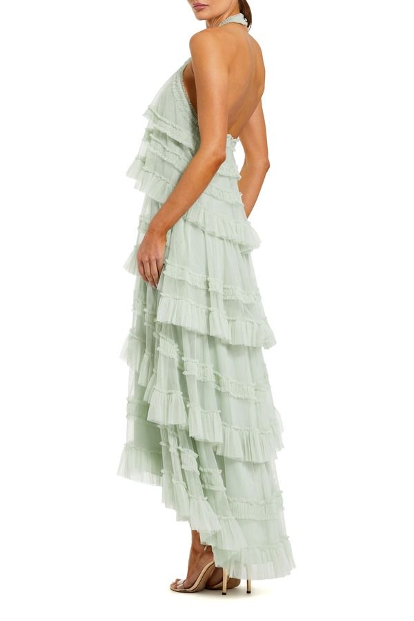 Long Sleeves, Three Quarter Sleeve Mac Duggal Dot Mesh Ruffle Halter Neck Ankle
