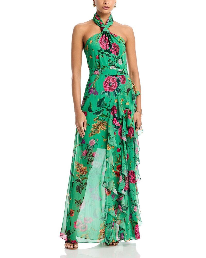 Aqua Long Sleeves, Three Quarter Sleeve Halter Maxi Dress Exclusive Greenmulti