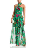 Aqua Long Sleeves, Three Quarter Sleeve Halter Maxi Dress Exclusive Greenmulti
