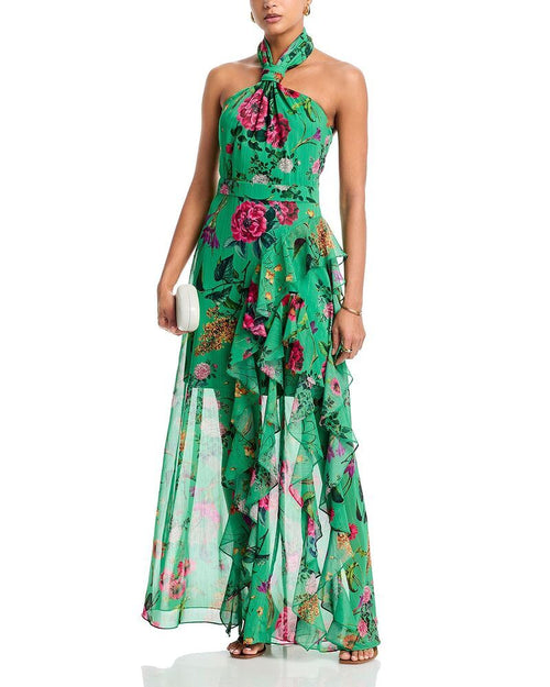 Aqua Long Sleeves, Three Quarter Sleeve Halter Maxi Dress Exclusive Greenmulti