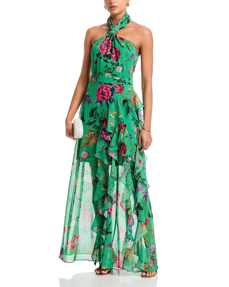 Aqua Long Sleeves, Three Quarter Sleeve Halter Maxi Dress Exclusive Greenmulti