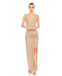 Others Mac Duggal Womens Sequined Halter Strap Low Side Knot Gown Rose