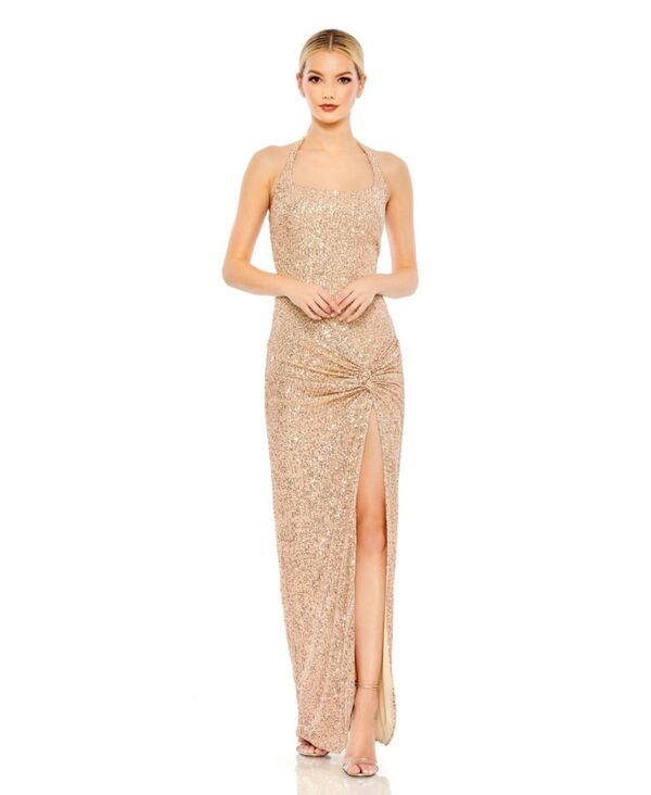 Others Mac Duggal Womens Sequined Halter Strap Low Side Knot Gown Rose