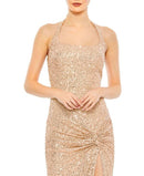Others Mac Duggal Womens Sequined Halter Strap Low Side Knot Gown Rose
