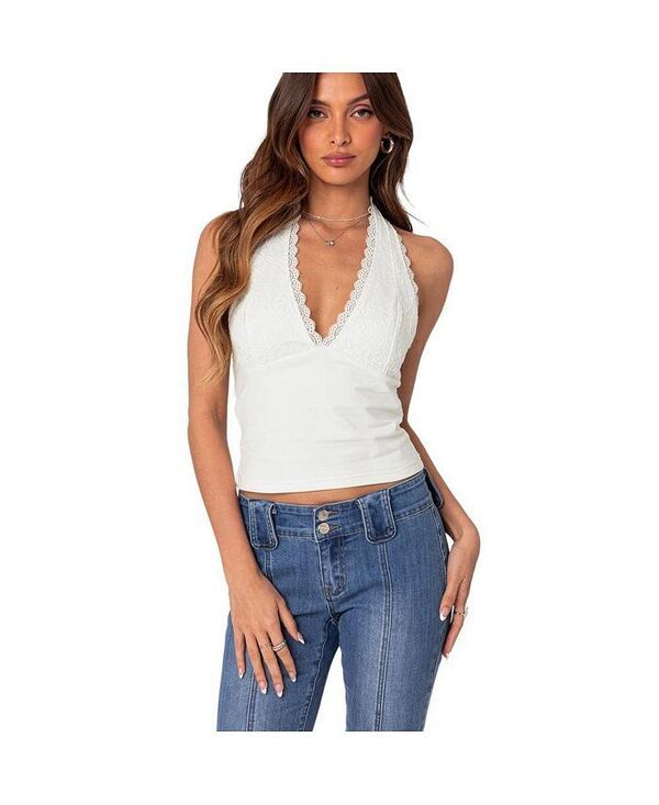 Long Sleeve Edikted Womens Carolyn Lacey Halter Top White