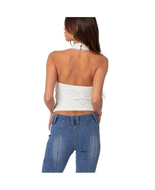Long Sleeve Edikted Womens Carolyn Lacey Halter Top White