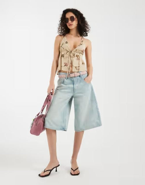 Motel Long Sleeve Yalova Leafy Bloom Halter Top In Taupe