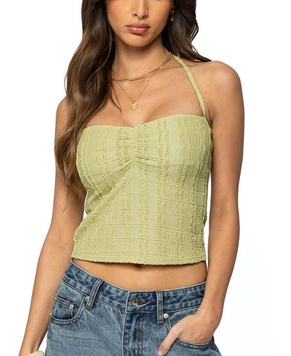 Long Sleeve Edikted Galya Textured Halter Top Sage