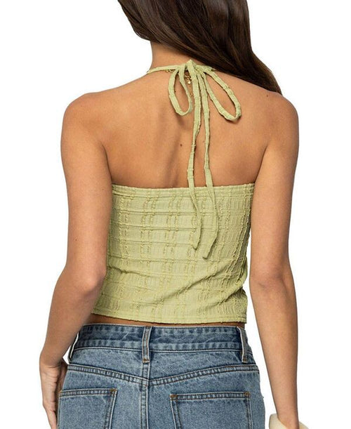 Long Sleeve Edikted Galya Textured Halter Top Sage
