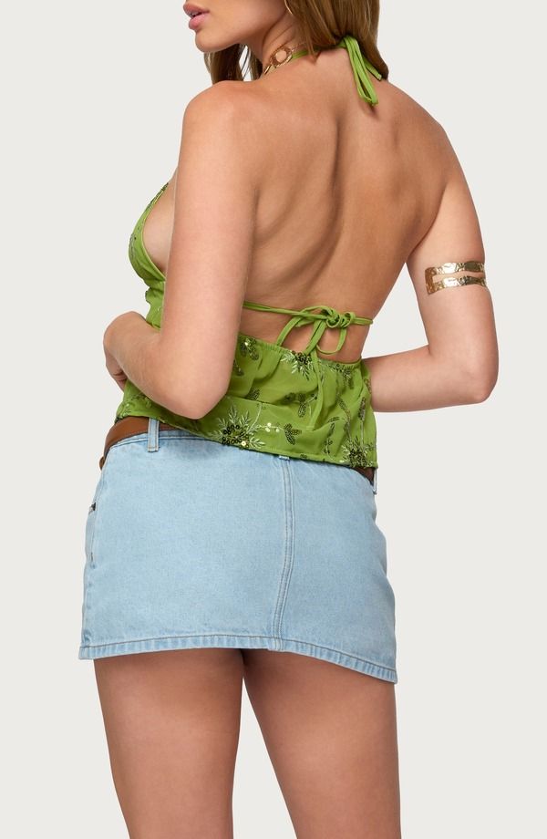 Long Sleeve Edikted Kiki Sequin Halter Top Green