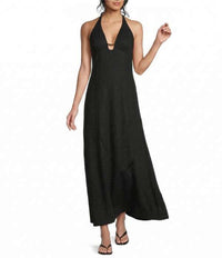 Gb Long Sleeves, Three Quarter Sleeve Solid Halter Maxi Dress Black
