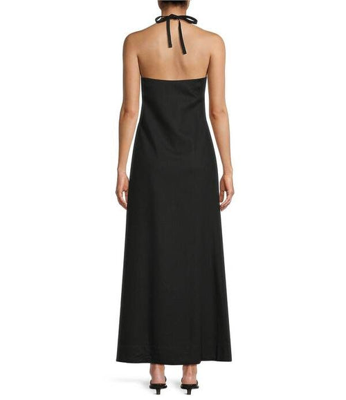 Gb Long Sleeves, Three Quarter Sleeve Solid Halter Maxi Dress Black