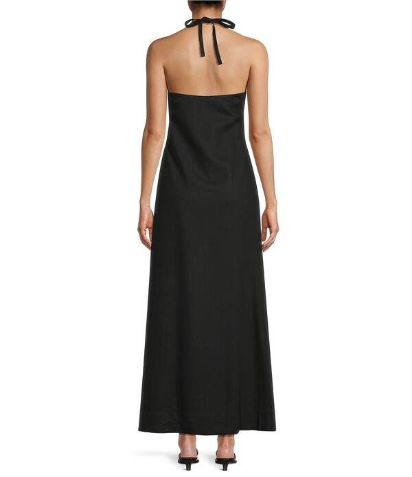Gb Long Sleeves, Three Quarter Sleeve Solid Halter Maxi Dress Black