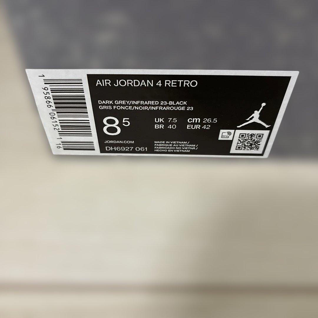 Air Jordan Sneakers 4 Retro 8.5 26.5 Dark Grey/Infrared 23-Black
