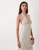 Asos Long Sleeves, Three Quarter Sleeve Design Halter Neck Linen Look Slip Maxi