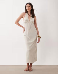 Asos Long Sleeves, Three Quarter Sleeve Design Halter Neck Linen Look Slip Maxi