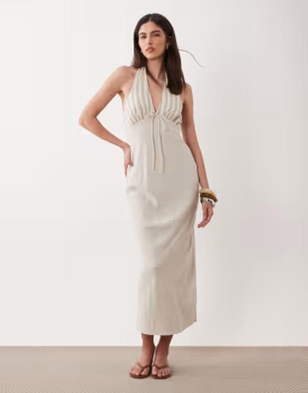 Asos Long Sleeves, Three Quarter Sleeve Design Halter Neck Linen Look Slip Maxi