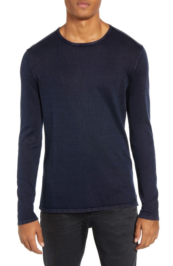 T -Shirt John Varvatos Walter Long Sleeve Acid Wash Crewneck Tshirt Deep Blue