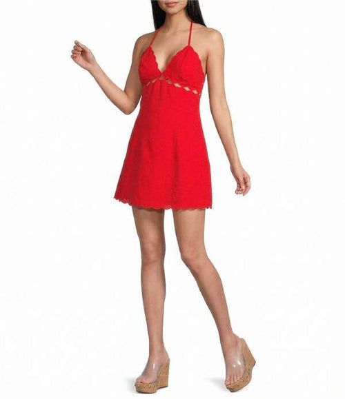 Long Sleeves, Three Quarter Sleeve Gbethenny Halter Neck Mini Dress Ruby Red