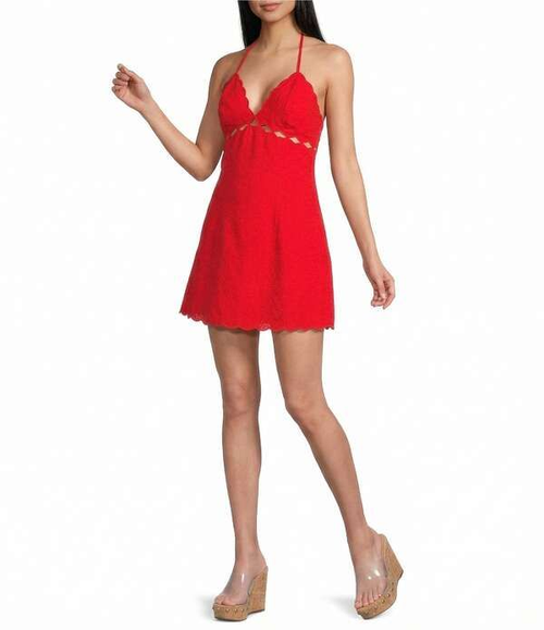 Long Sleeves, Three Quarter Sleeve Gbethenny Halter Neck Mini Dress Ruby Red