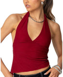 Long Sleeve Edikted Rhett Asymmetric Hem Halter Top Burgundy